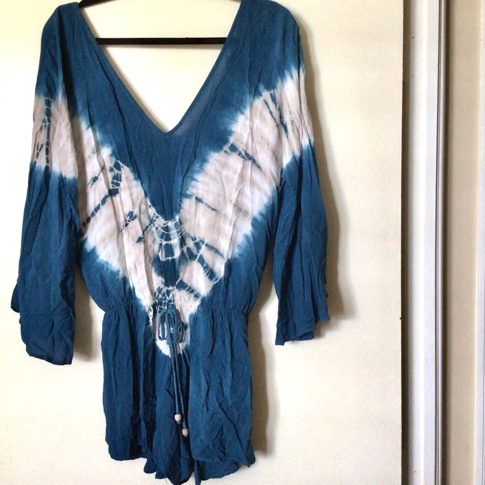 Surf Gypsy Bohemian Blue/White Tie Dye Beach Swim Cover Up Romper Sz M